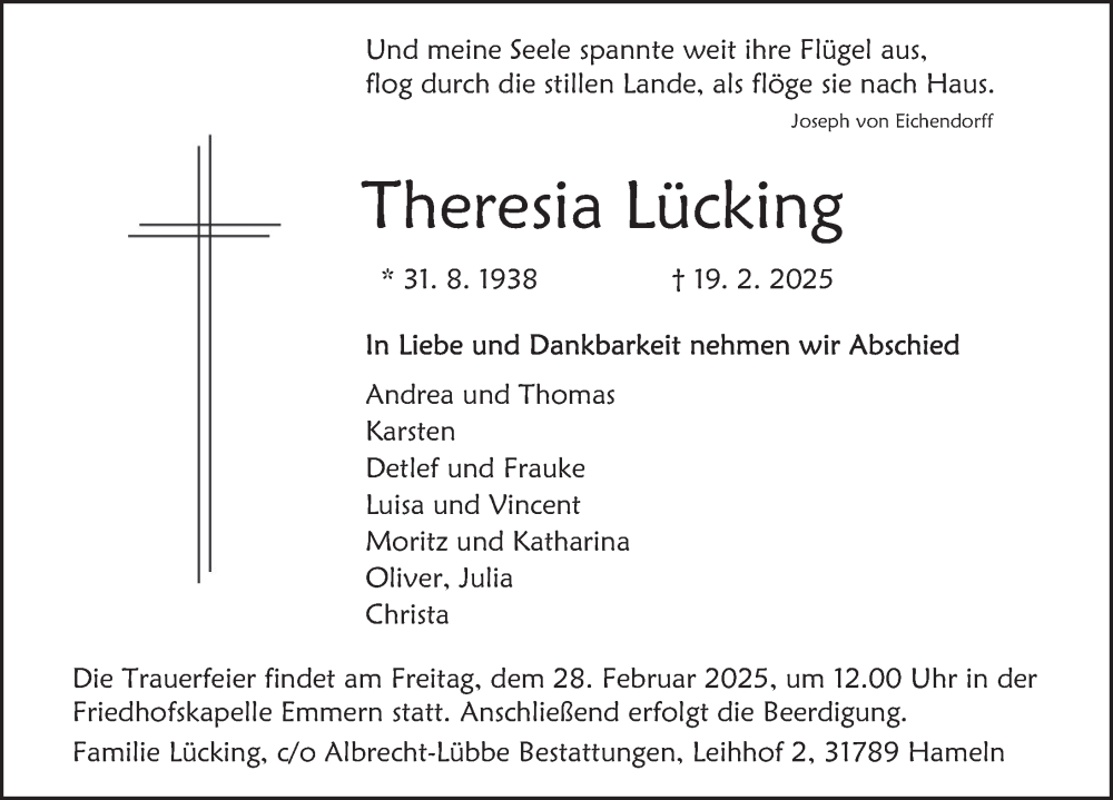  Traueranzeige für Theresia Lücking vom 25.02.2025 aus Deister- und Weserzeitung