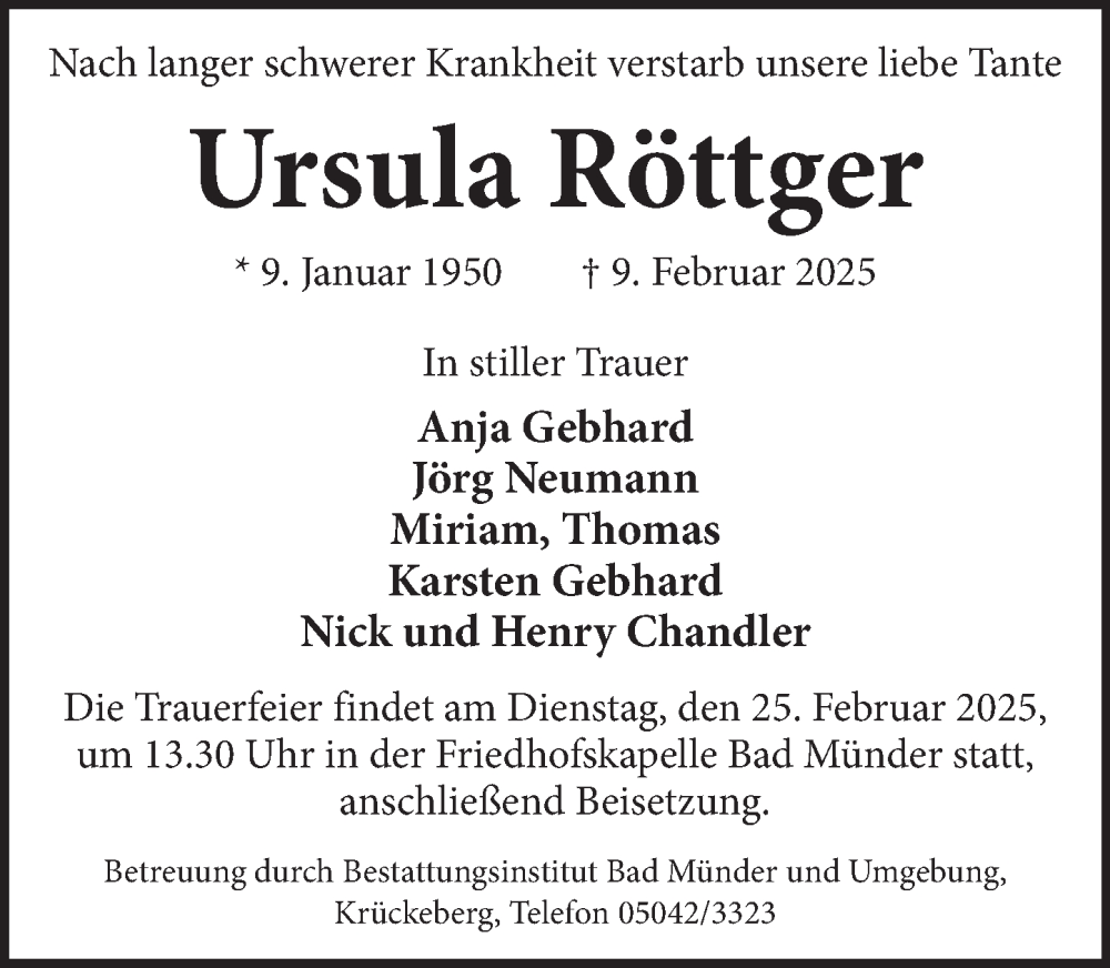  Traueranzeige für Ursula Röttger vom 22.02.2025 aus Neue Deister-Zeitung