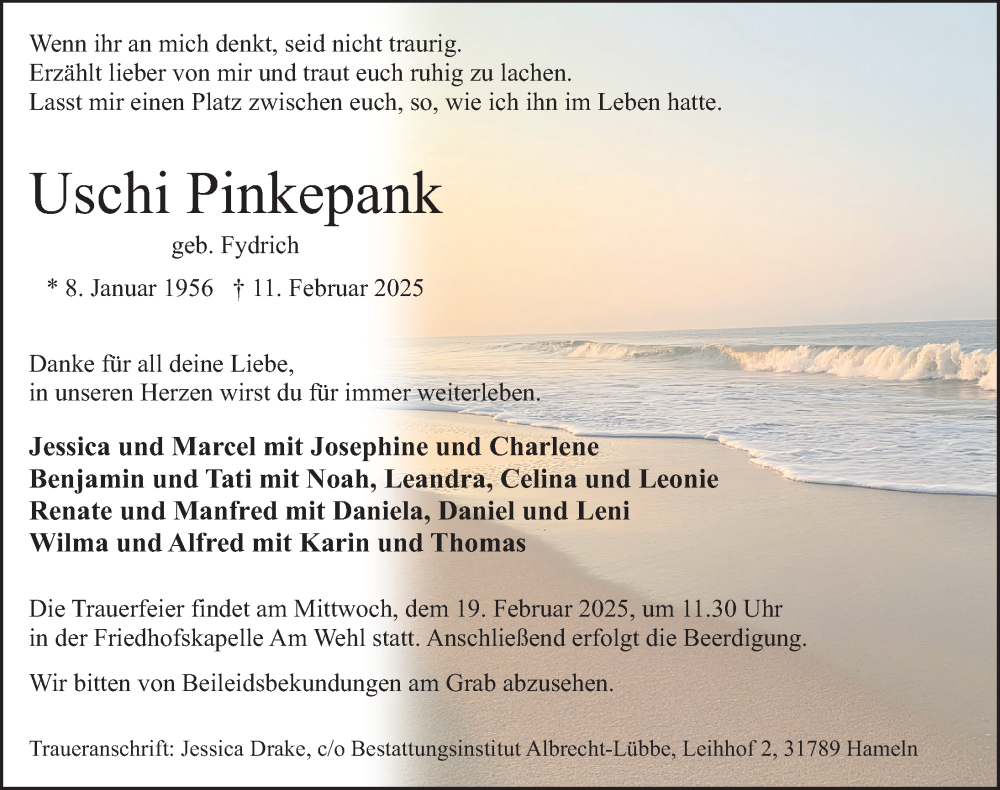  Traueranzeige für Uschi Pinkepank vom 15.02.2025 aus Deister- und Weserzeitung