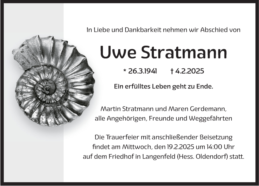  Traueranzeige für Uwe Stratmann vom 15.02.2025 aus Deister- und Weserzeitung