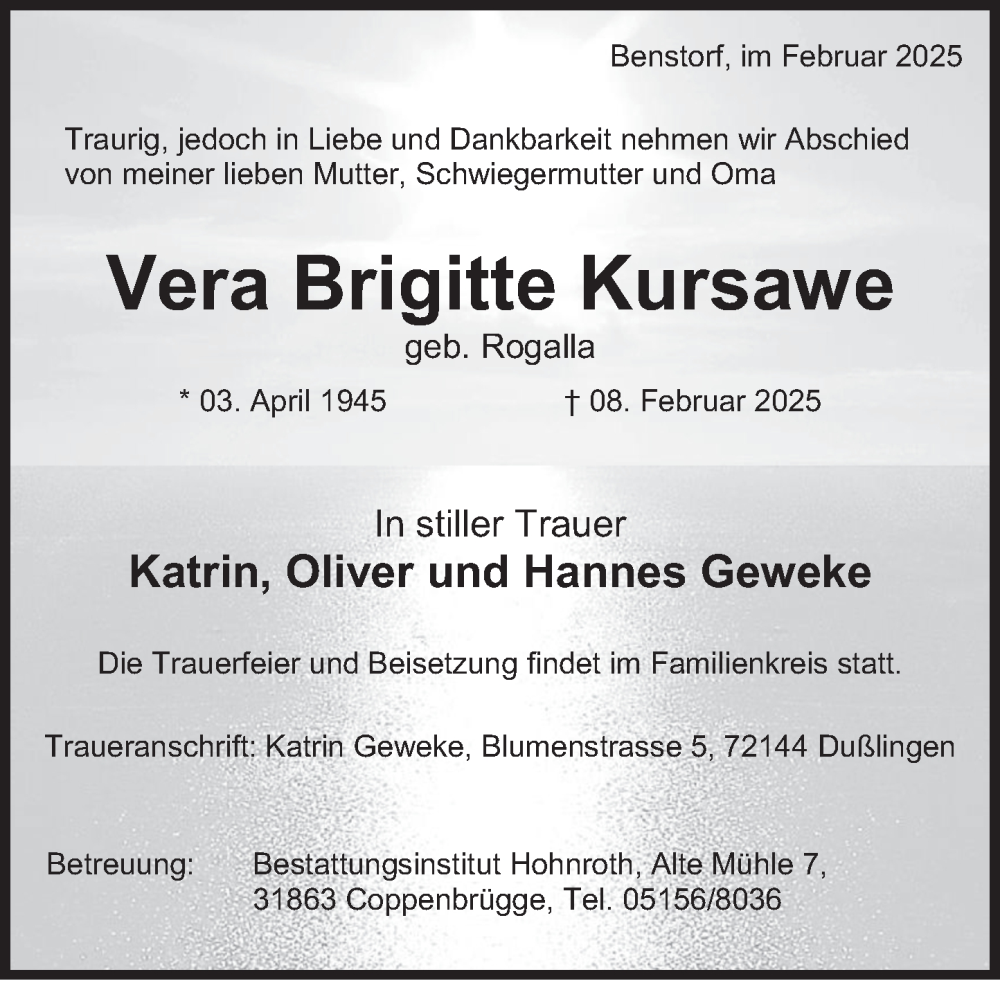  Traueranzeige für Vera Brigitte Kursawe vom 15.02.2025 aus Deister- und Weserzeitung