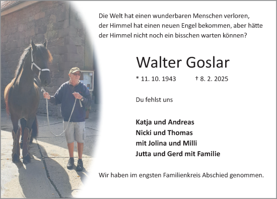 Traueranzeige von Walter Goslar von Deister- und Weserzeitung