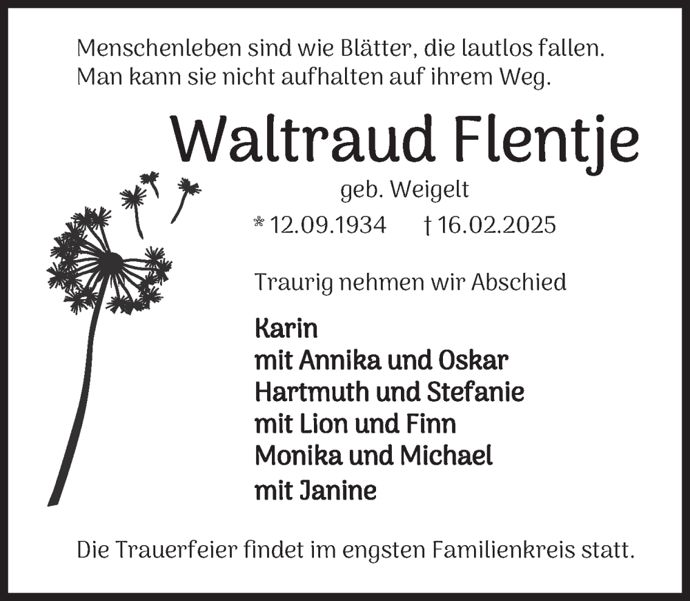  Traueranzeige für Waltraud Flentje vom 01.03.2025 aus Deister- und Weserzeitung