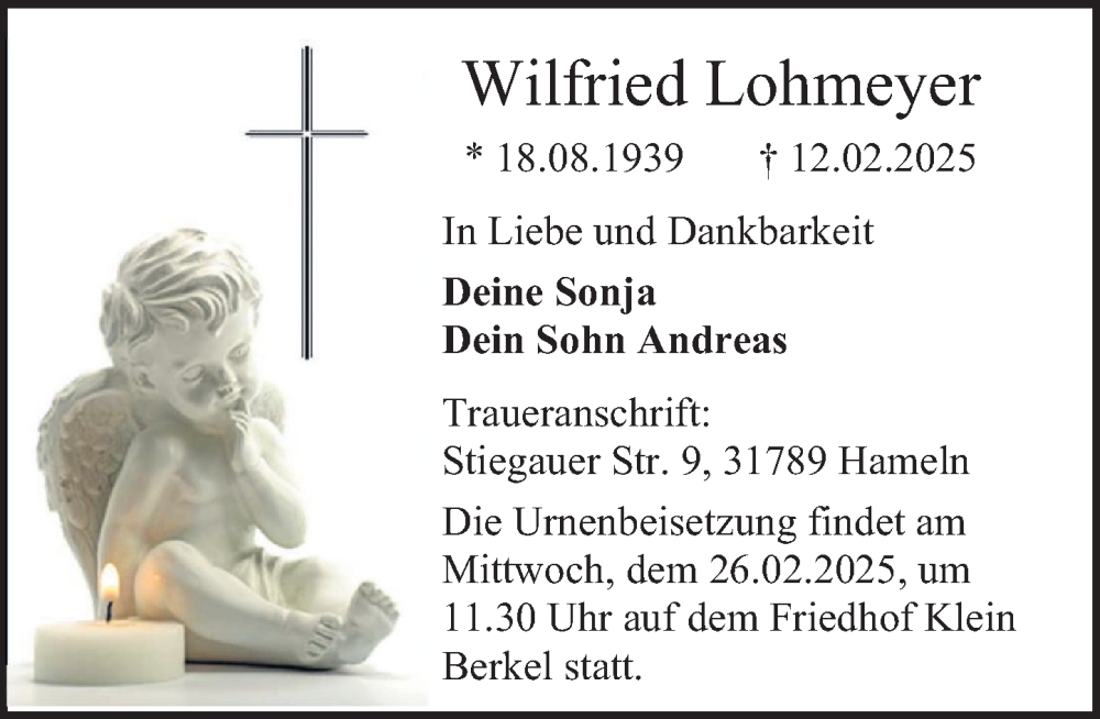  Traueranzeige für Wilfried Lohmeyer vom 22.02.2025 aus Deister- und Weserzeitung
