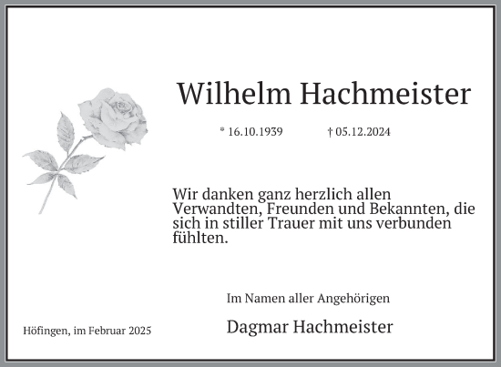 Traueranzeige von Wilhelm Hachmeister von Deister- und Weserzeitung