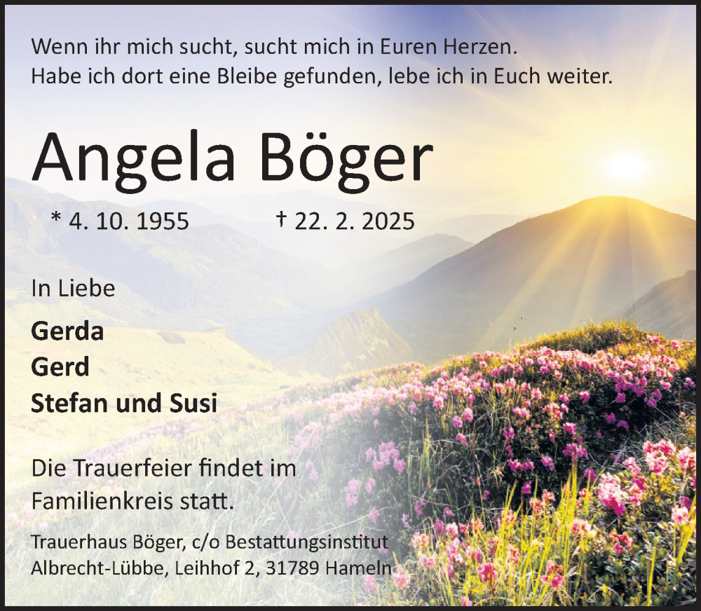  Traueranzeige für Angela Böger vom 08.03.2025 aus Deister- und Weserzeitung