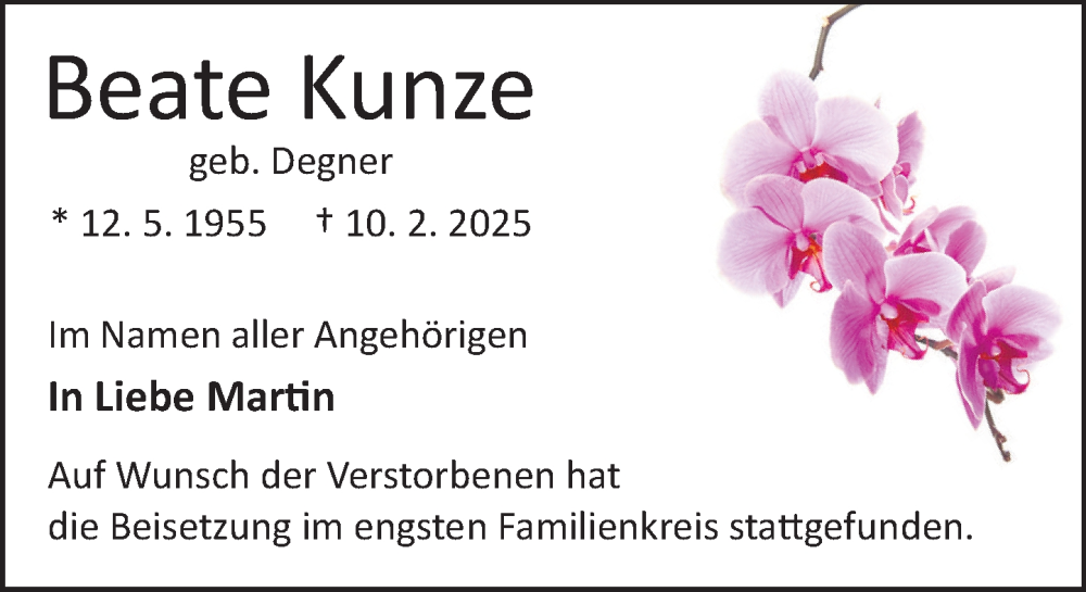  Traueranzeige für Beate Kunze vom 08.03.2025 aus Deister- und Weserzeitung