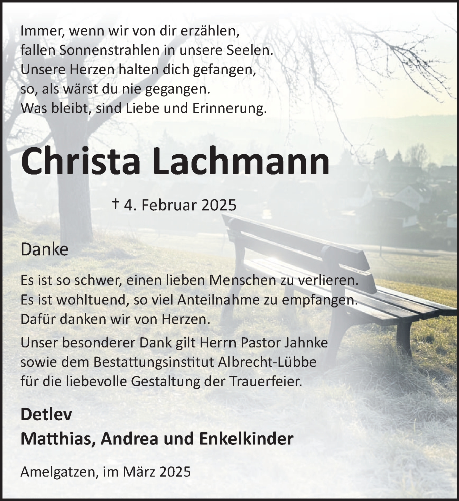  Traueranzeige für Christa Lachmann vom 15.03.2025 aus Deister- und Weserzeitung