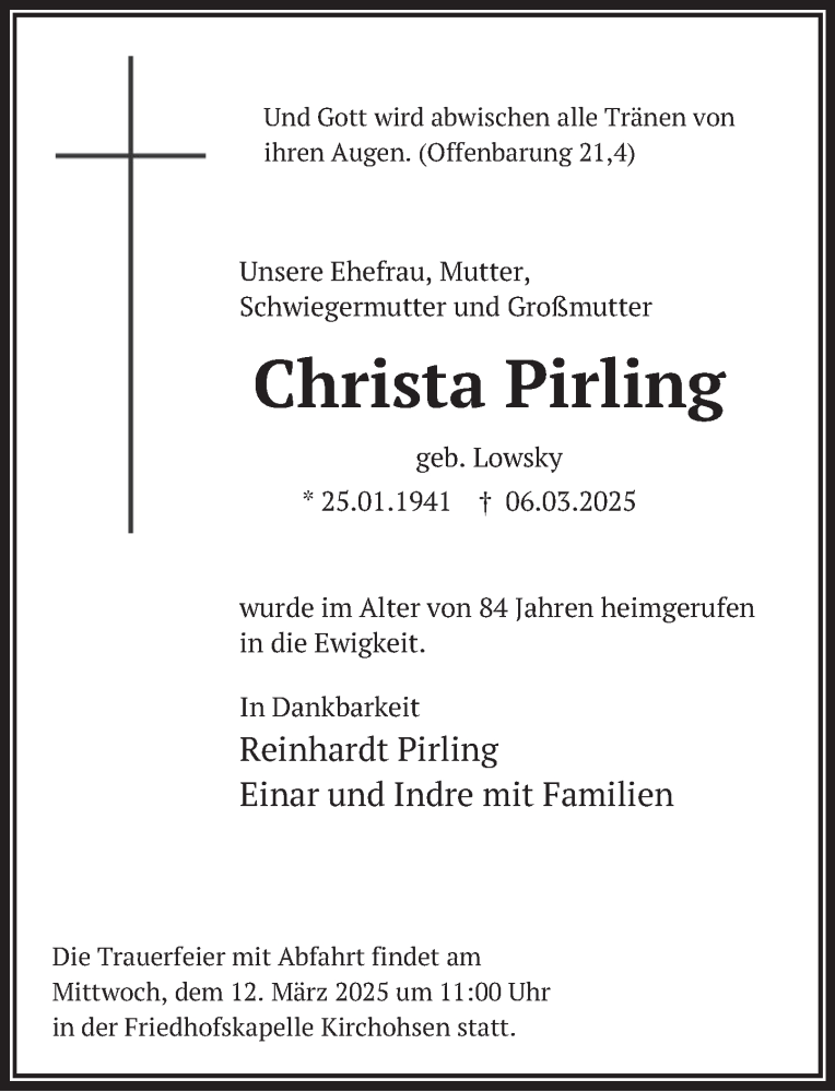  Traueranzeige für Christa Pirling vom 10.03.2025 aus Deister- und Weserzeitung