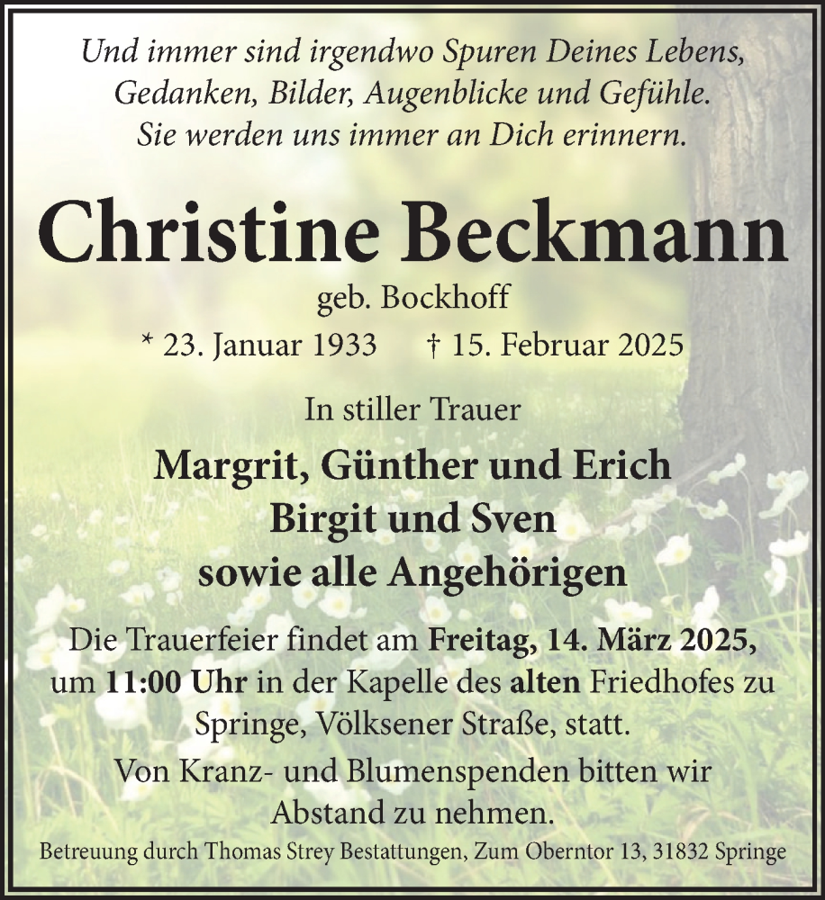  Traueranzeige für Christine Beckmann vom 08.03.2025 aus Neue Deister-Zeitung