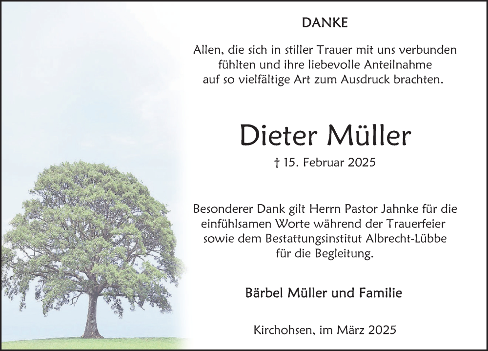 Traueranzeige für Dieter Müller vom 29.03.2025 aus Deister- und Weserzeitung