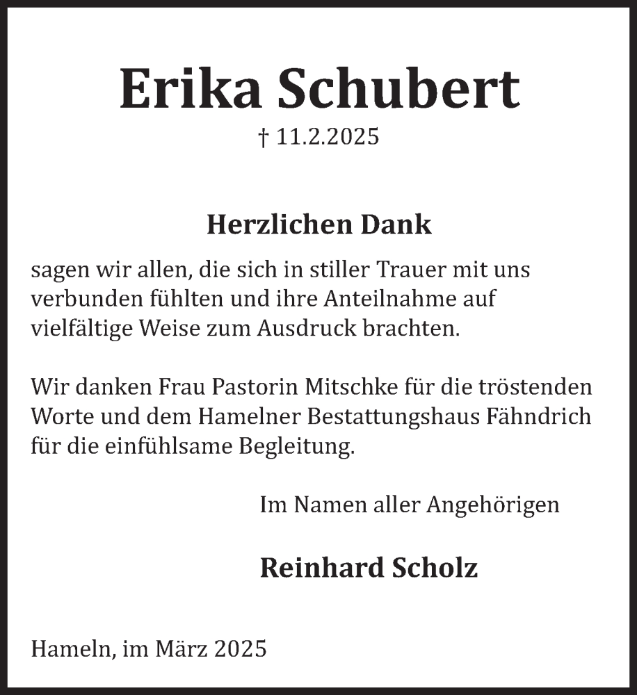  Traueranzeige für Erika Schubert vom 15.03.2025 aus Deister- und Weserzeitung
