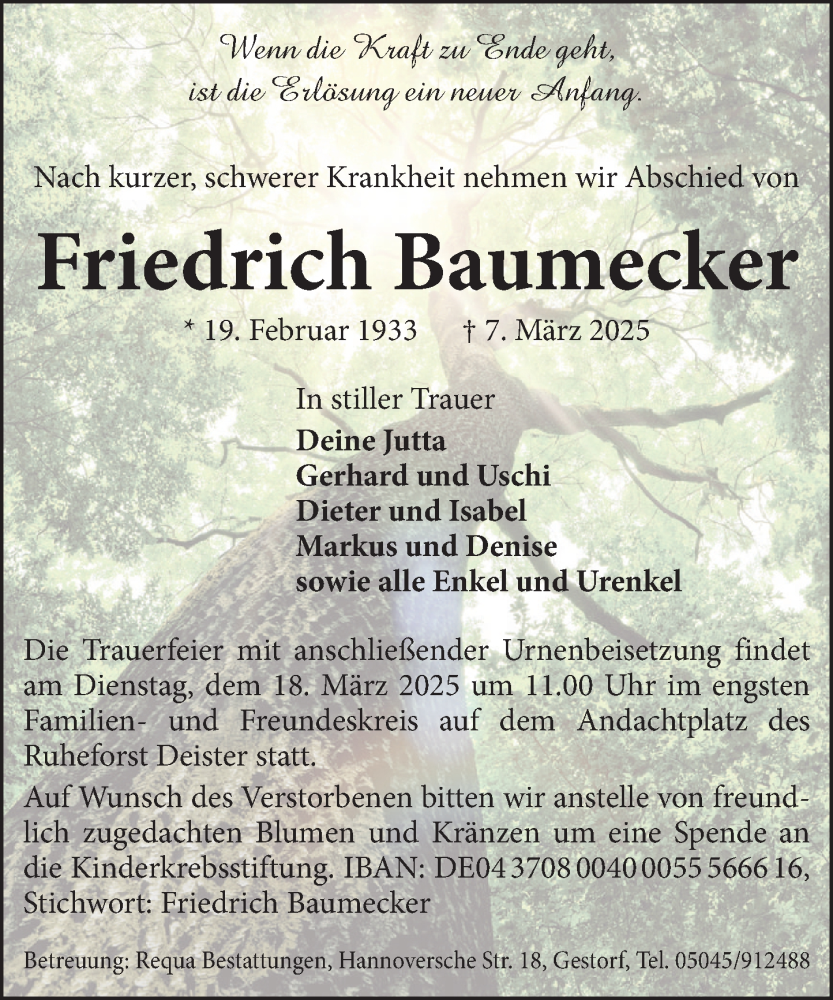  Traueranzeige für Friedrich Baumecker vom 15.03.2025 aus Neue Deister-Zeitung