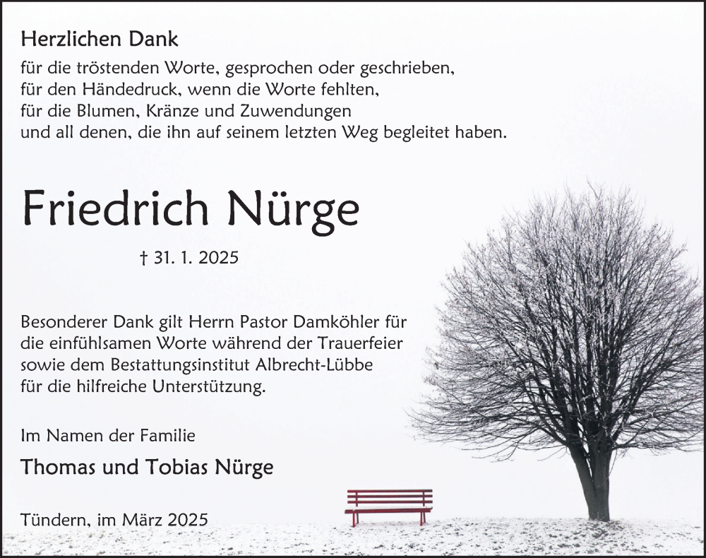  Traueranzeige für Friedrich Nürge vom 15.03.2025 aus Deister- und Weserzeitung