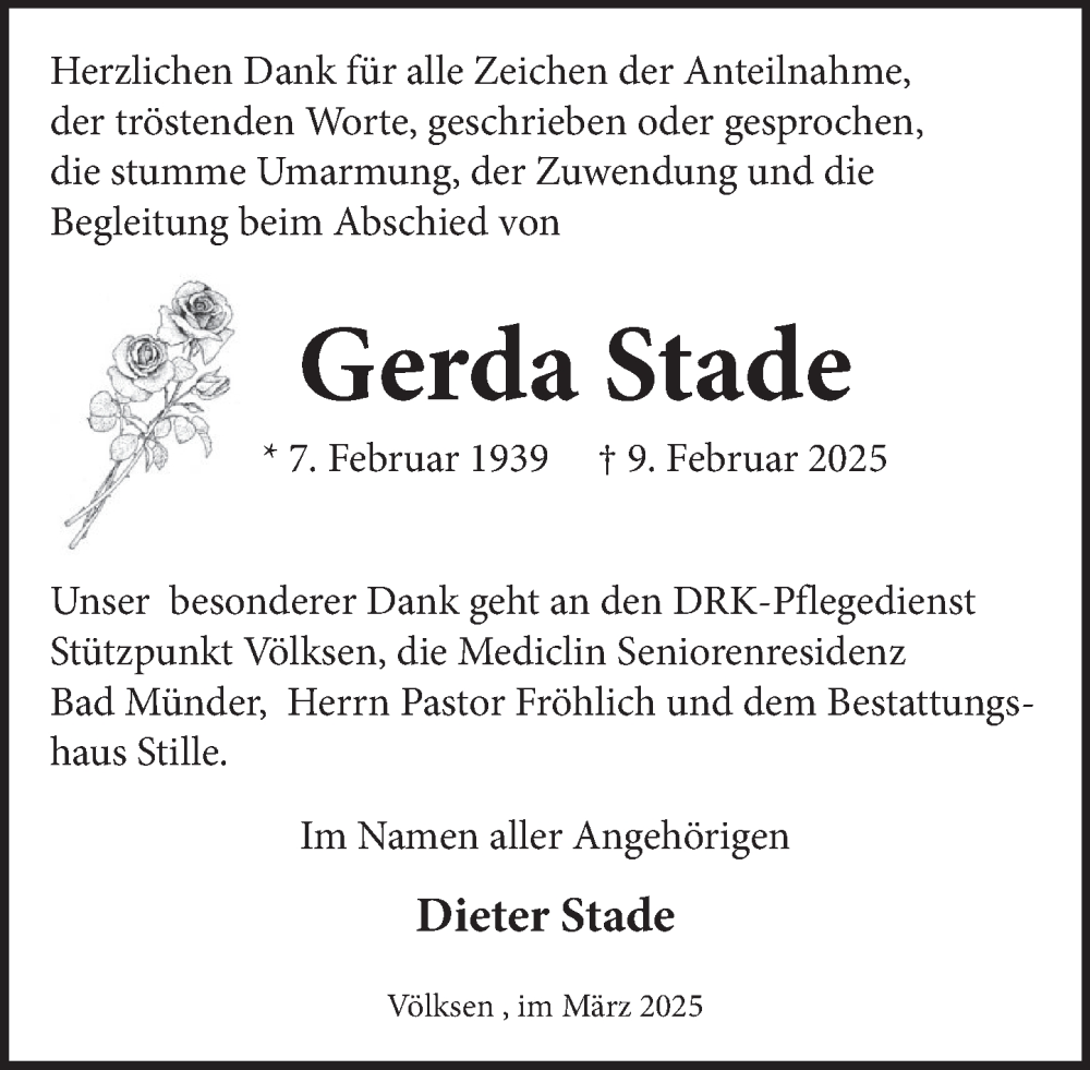  Traueranzeige für Gerda Stade vom 08.03.2025 aus Neue Deister-Zeitung