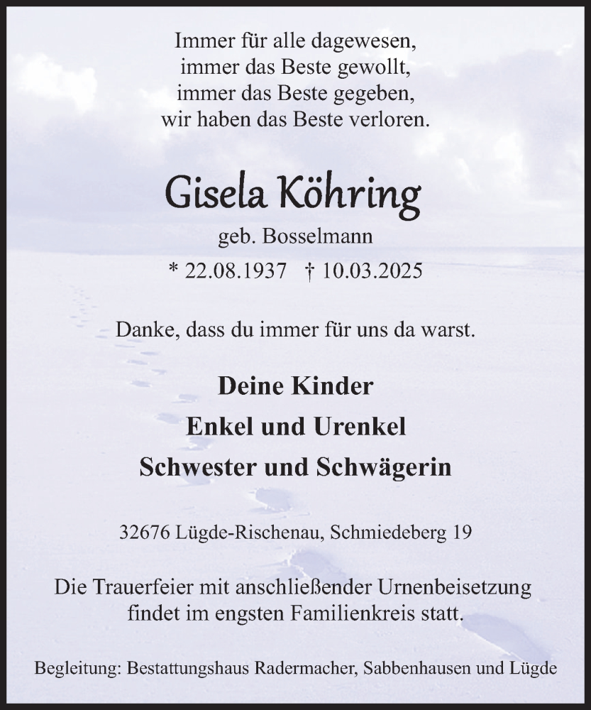  Traueranzeige für Gisela Köhring vom 15.03.2025 aus Deister- und Weserzeitung