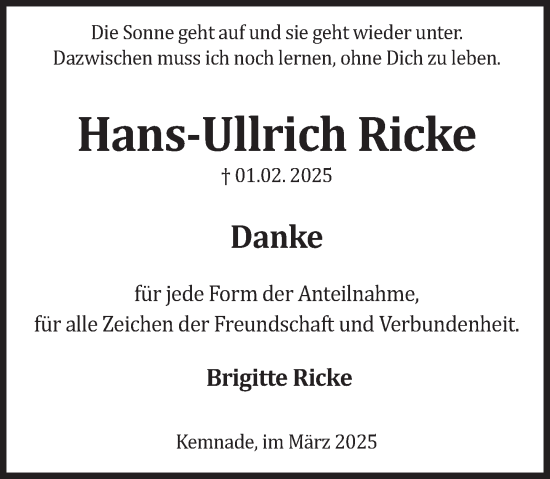 Traueranzeige von Hans-Ullrich Ricke von Deister- und Weserzeitung