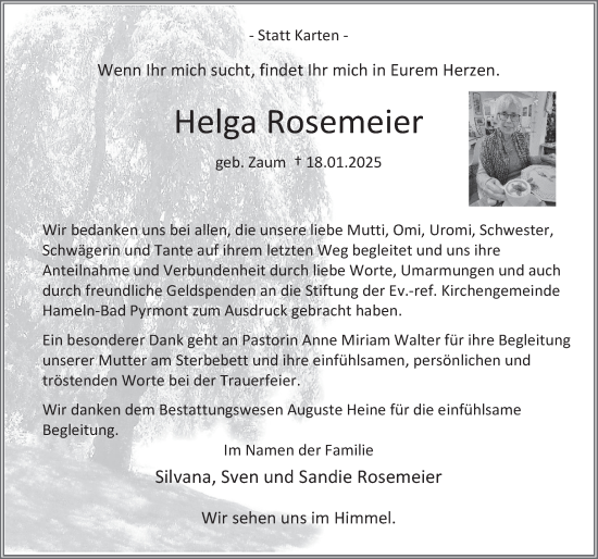 Traueranzeige von Helga Rosemeier von Deister- und Weserzeitung