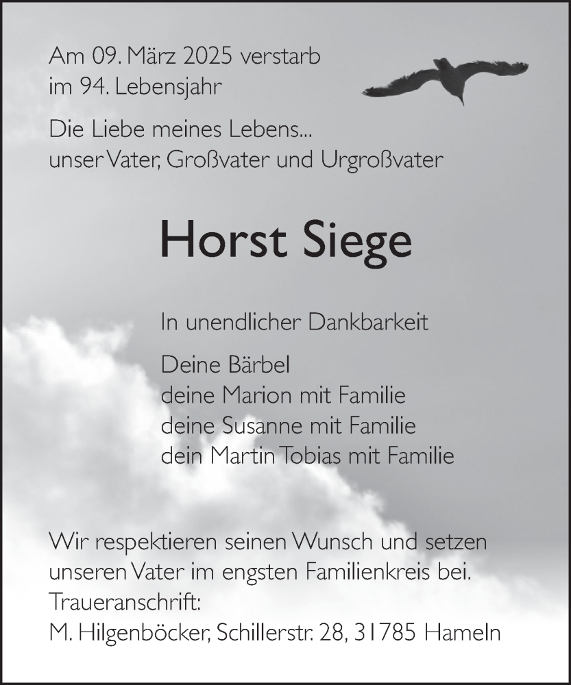  Traueranzeige für Horst Siege vom 15.03.2025 aus Deister- und Weserzeitung