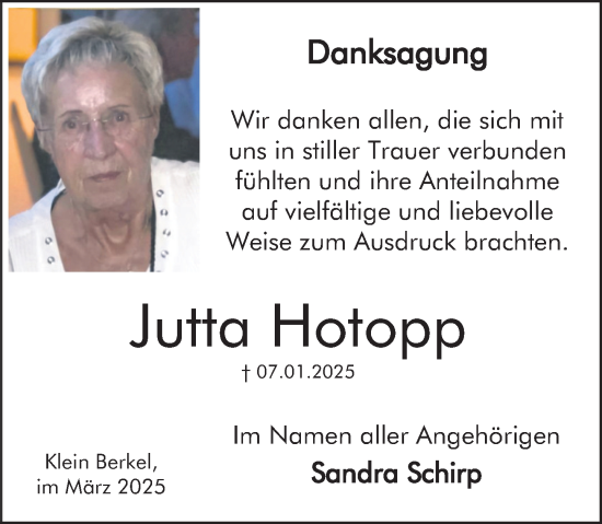Traueranzeige von Jutta Hotopp von Deister- und Weserzeitung