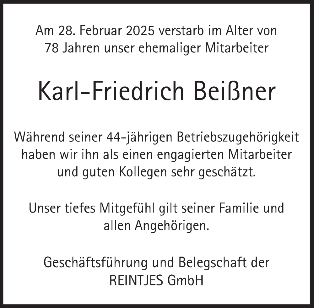  Traueranzeige für Karl-Friedrich Beißner vom 15.03.2025 aus Deister- und Weserzeitung
