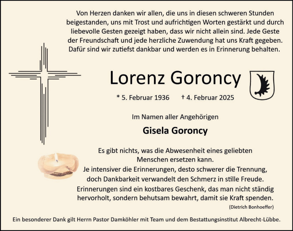  Traueranzeige für Lorenz Goroncy vom 15.03.2025 aus Deister- und Weserzeitung