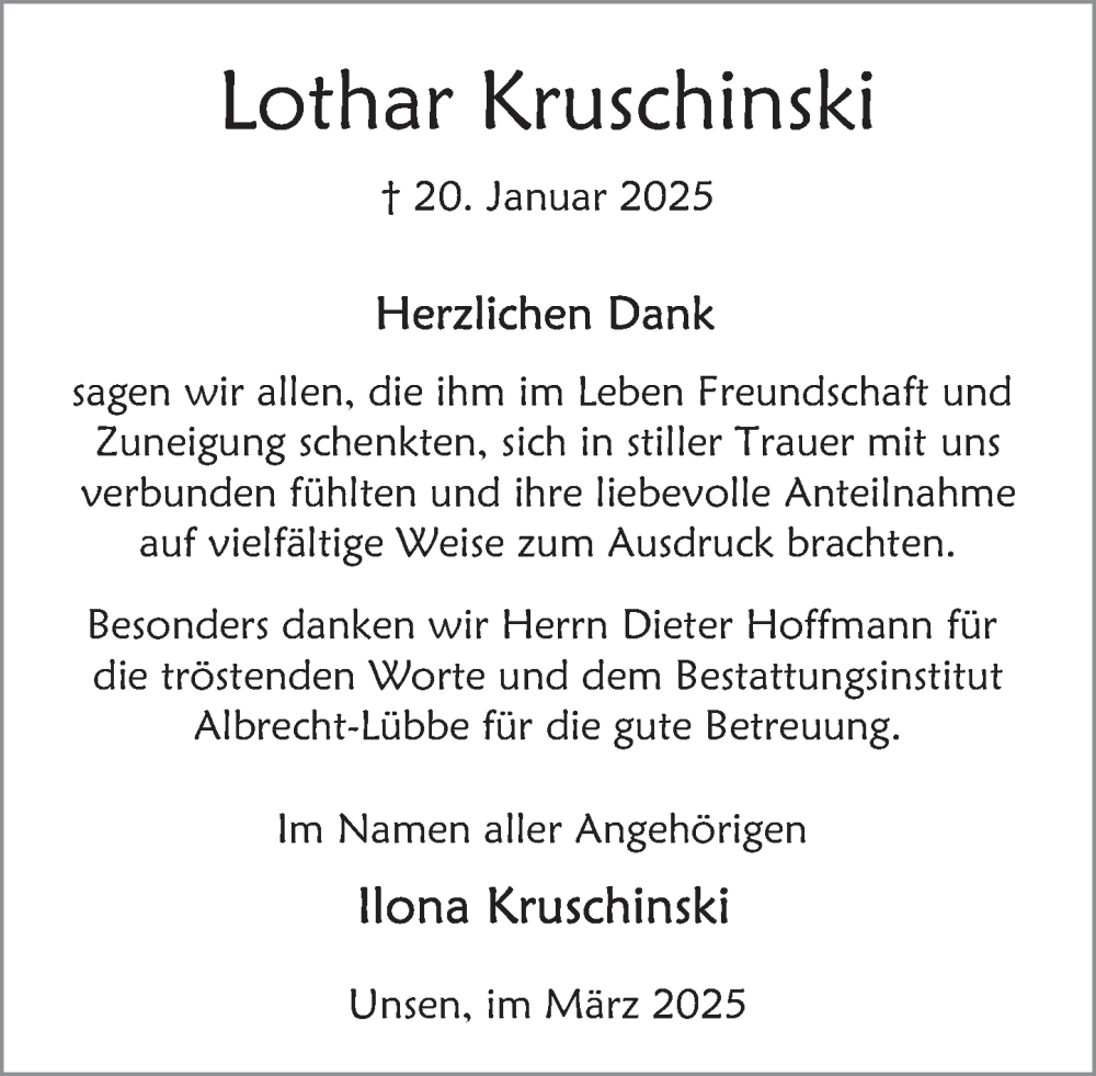  Traueranzeige für Lothar Kruschinski vom 08.03.2025 aus Deister- und Weserzeitung