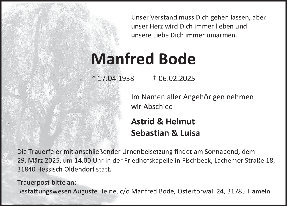  Traueranzeige für Manfred Bode vom 08.03.2025 aus Deister- und Weserzeitung