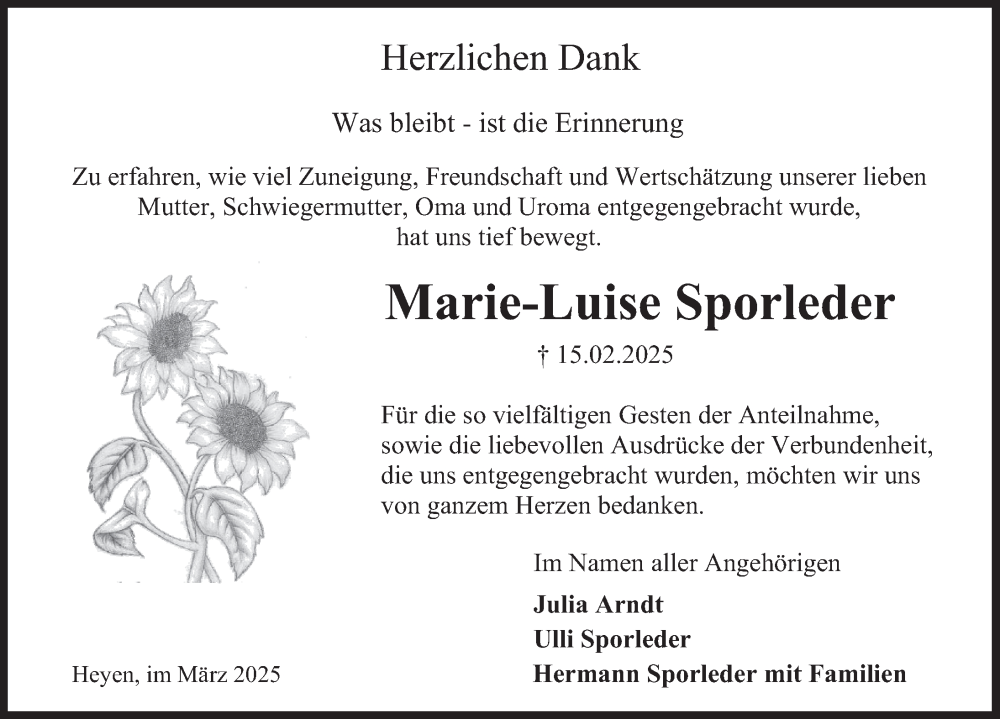  Traueranzeige für Marie-Luise Sporleder vom 08.03.2025 aus Deister- und Weserzeitung