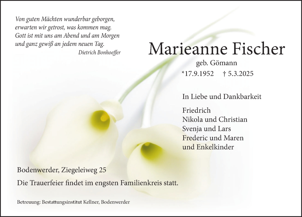 Traueranzeige für Marieanne Fischer vom 15.03.2025 aus Deister- und Weserzeitung