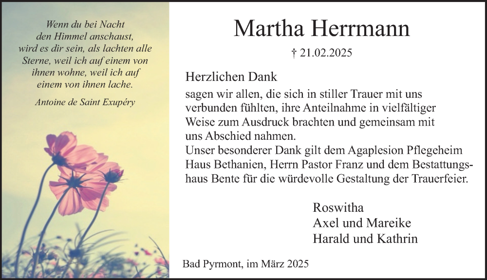  Traueranzeige für Martha Herrmann vom 29.03.2025 aus Deister- und Weserzeitung