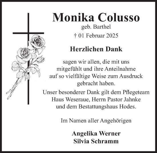 Traueranzeige von Monika Colusso von Deister- und Weserzeitung