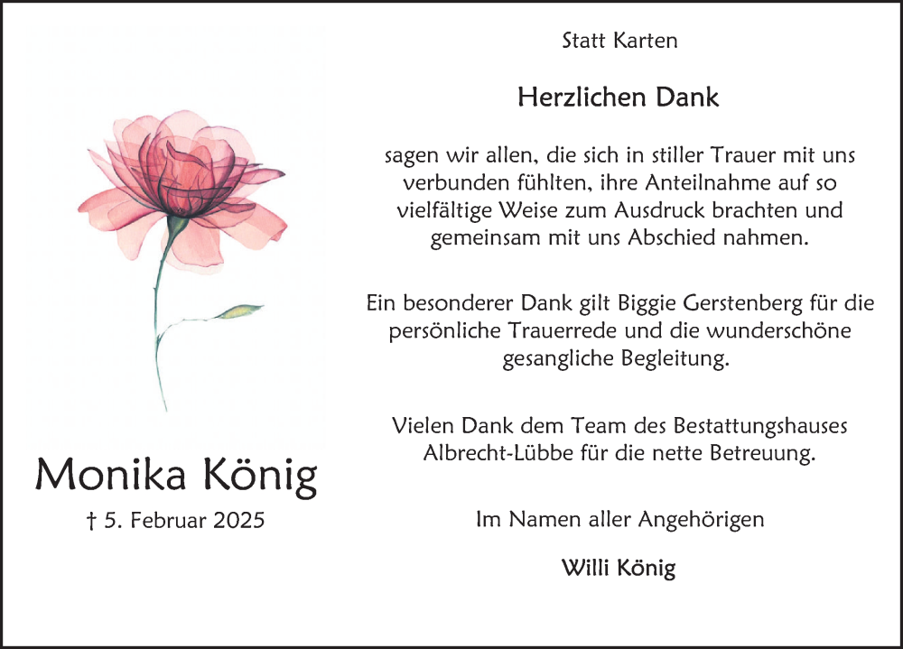  Traueranzeige für Monika König vom 08.03.2025 aus Deister- und Weserzeitung