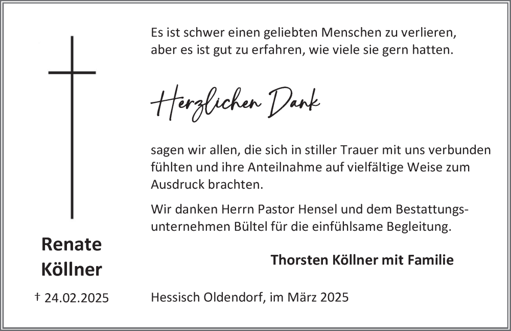 Traueranzeige für Renate Köllner vom 29.03.2025 aus Deister- und Weserzeitung