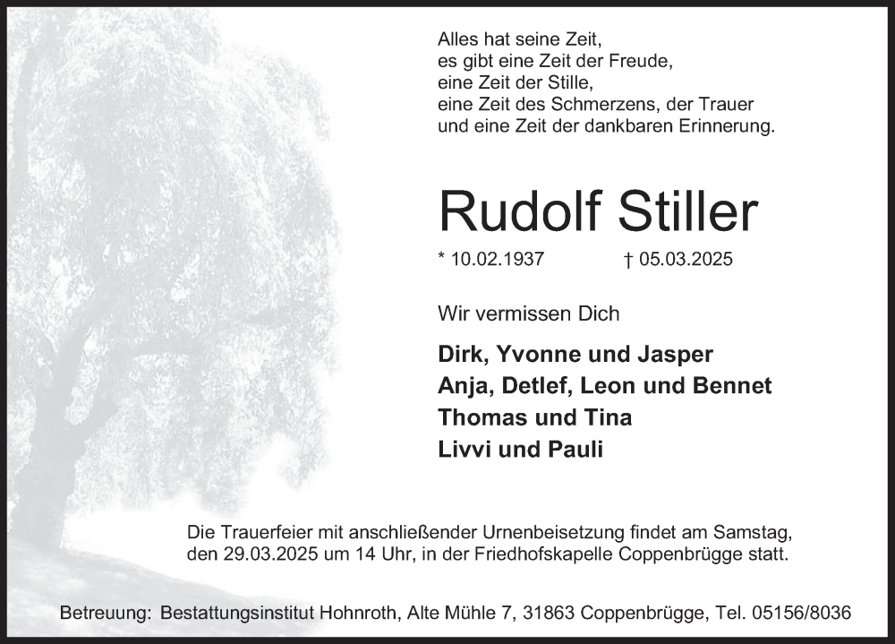  Traueranzeige für Rudolf Stiller vom 15.03.2025 aus Deister- und Weserzeitung