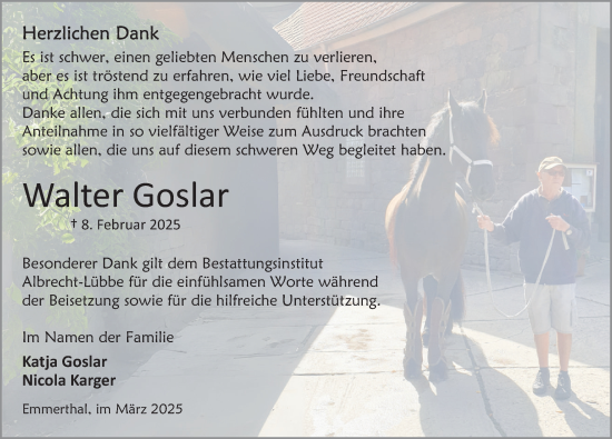 Traueranzeige von Walter Goslar von Deister- und Weserzeitung