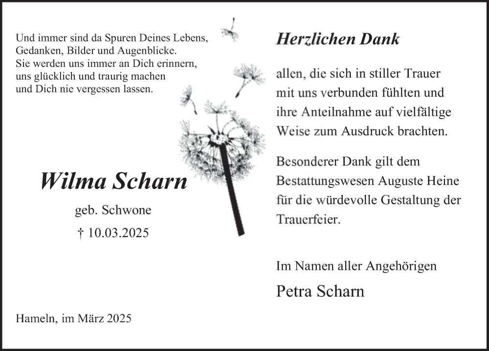  Traueranzeige für Wilma Scharn vom 29.03.2025 aus Deister- und Weserzeitung