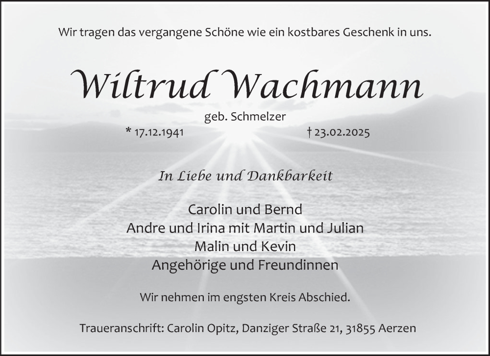  Traueranzeige für Wiltrud Wachmann vom 08.03.2025 aus Deister- und Weserzeitung