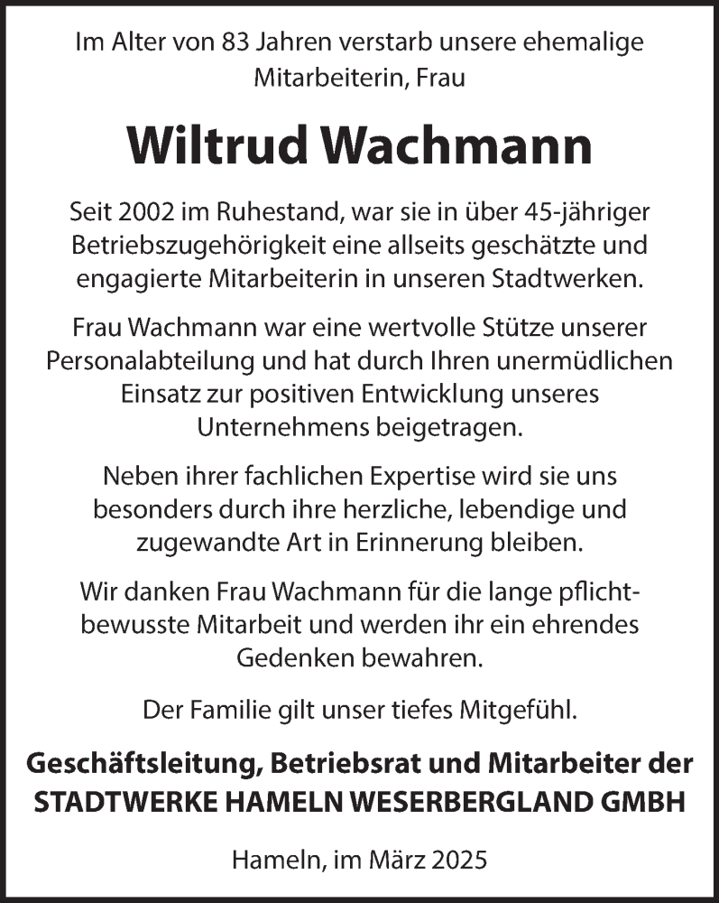  Traueranzeige für Wiltrud Wachmann vom 08.03.2025 aus Deister- und Weserzeitung