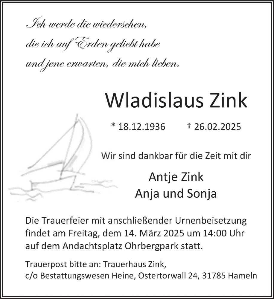  Traueranzeige für Wladislaus Zink vom 08.03.2025 aus Deister- und Weserzeitung
