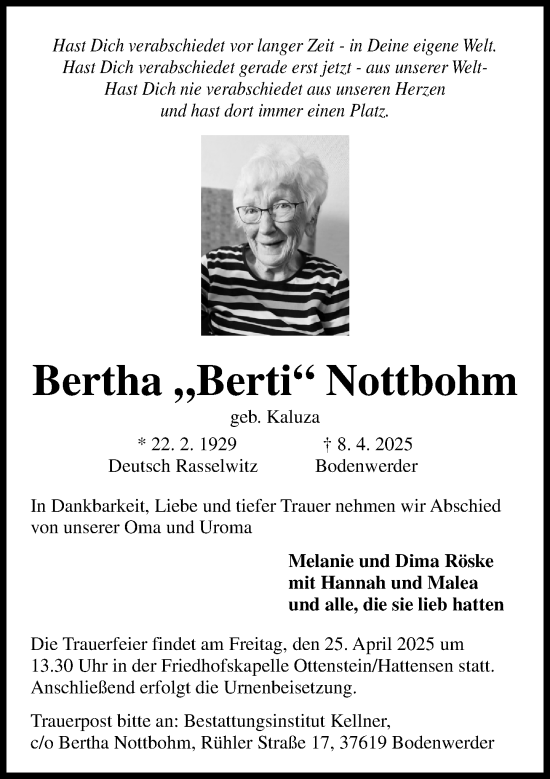 Traueranzeige von Bertha Nottbohm 