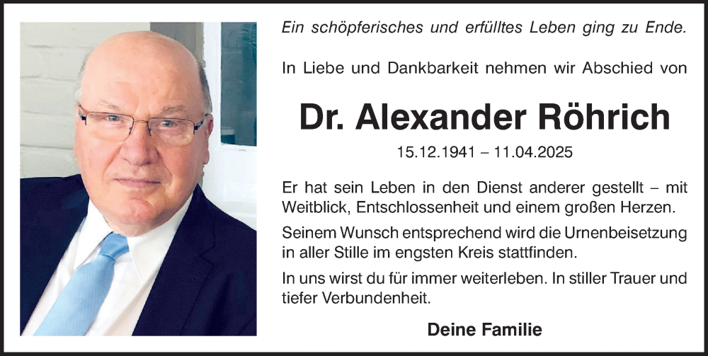  Traueranzeige für Alexander Röhrich vom 19.04.2025 aus Neue Deister-Zeitung