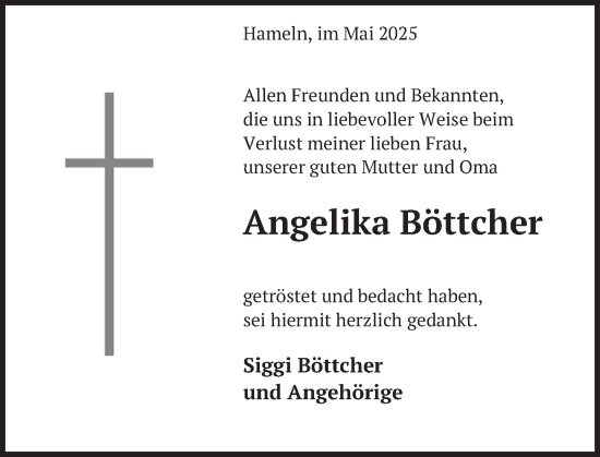 Traueranzeige von Angelika Böttcher von Deister- und Weserzeitung