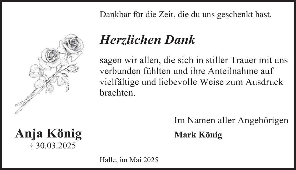  Traueranzeige für Anja König vom 03.05.2025 aus Deister- und Weserzeitung