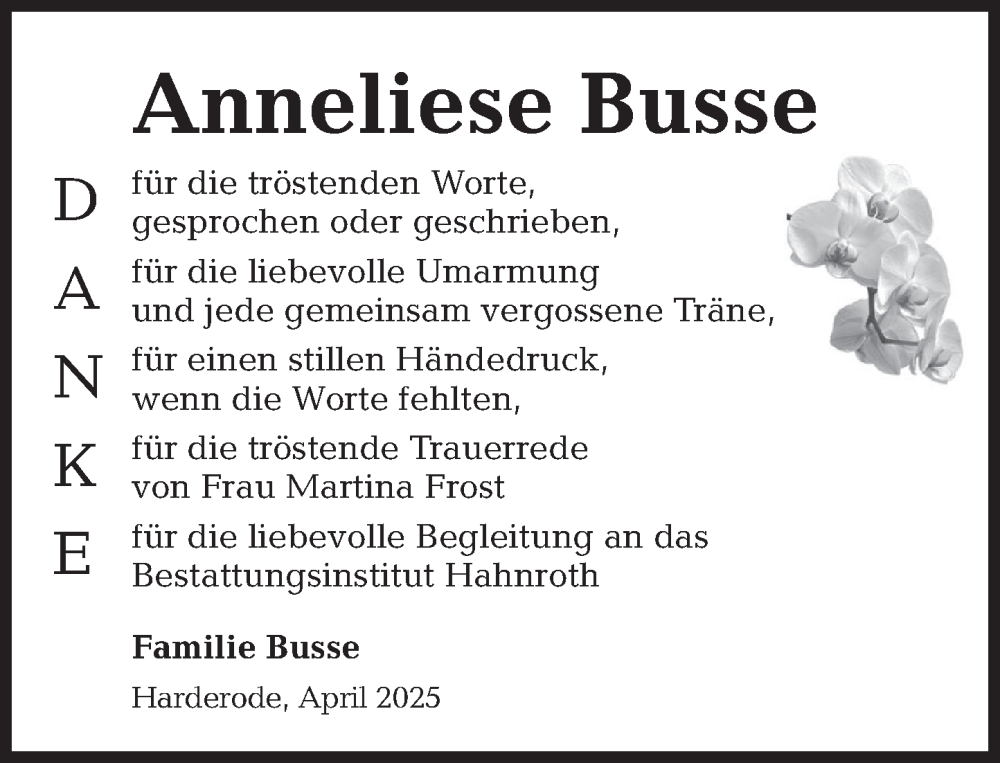  Traueranzeige für Anneliese Busse vom 19.04.2025 aus Deister- und Weserzeitung