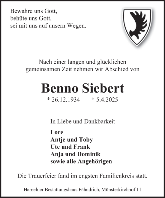 Traueranzeige von Benno Siebert von Deister- und Weserzeitung