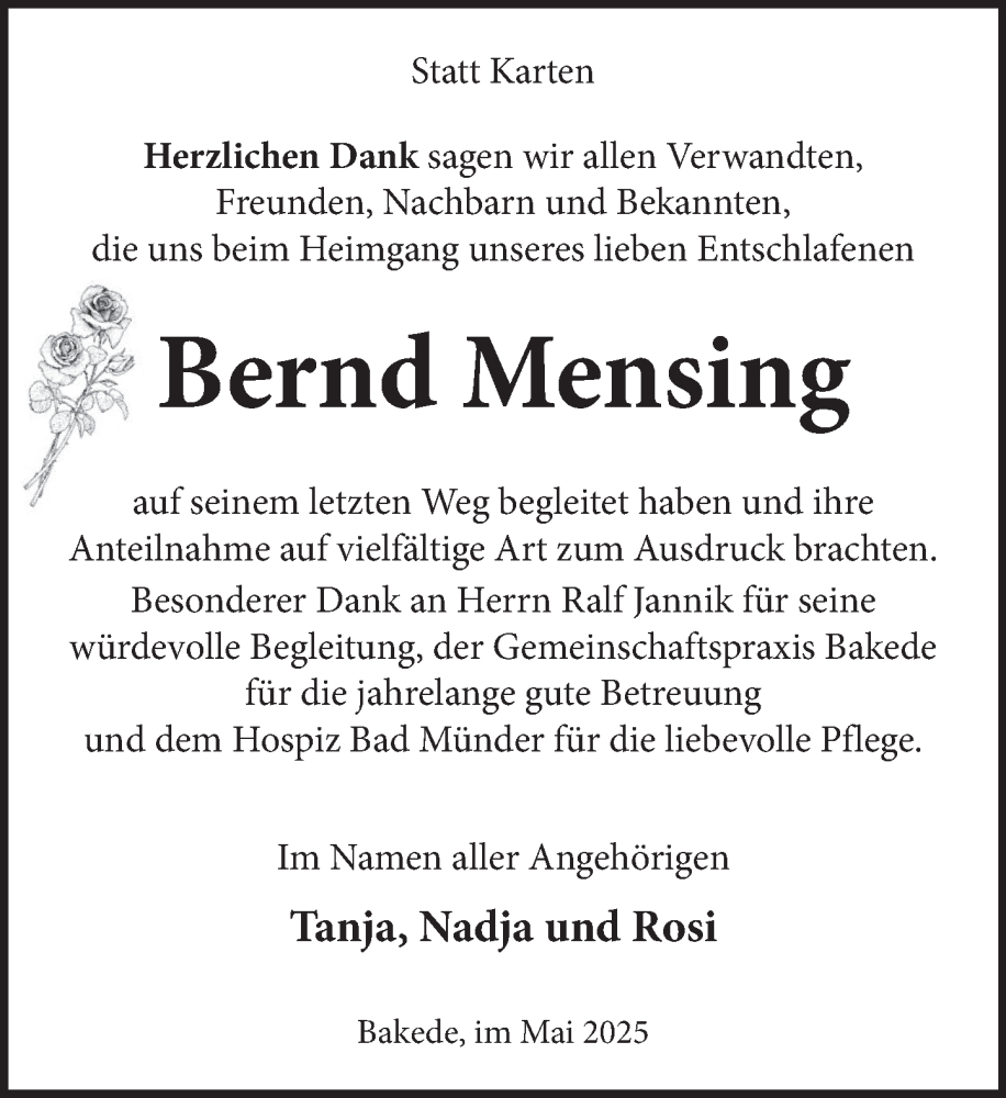  Traueranzeige für Bernd Mensing vom 03.05.2025 aus Neue Deister-Zeitung