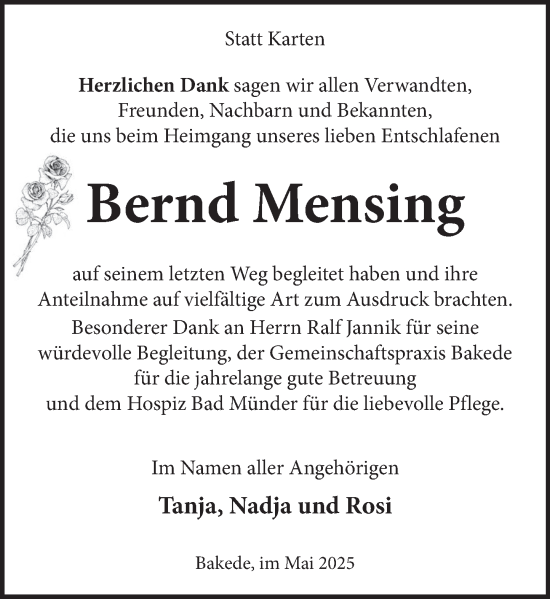 Traueranzeige von Bernd Mensing von Neue Deister-Zeitung