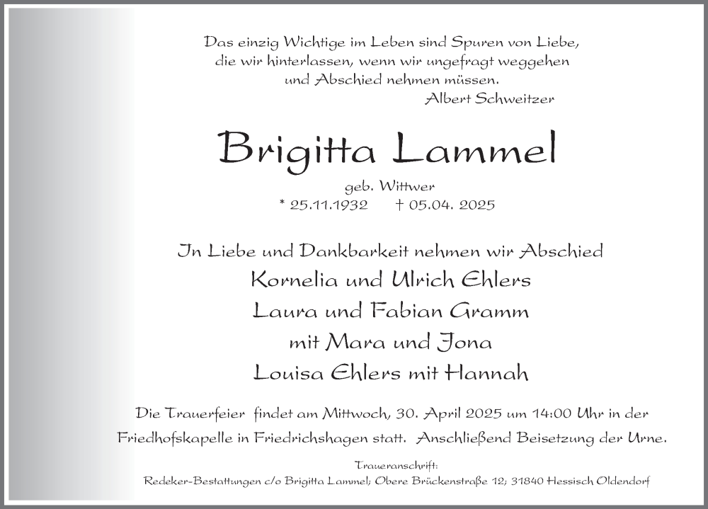  Traueranzeige für Brigitta Lammel vom 19.04.2025 aus Deister- und Weserzeitung