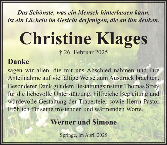 Traueranzeige von Christine Klages von Neue Deister-Zeitung